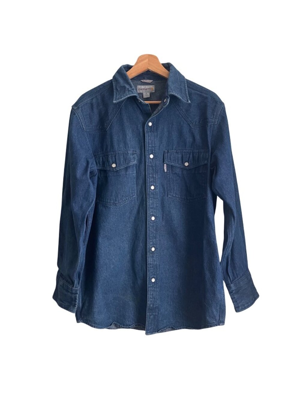 Carhartt Mens Ironwood Denim Western Shirt Size M Pearl Snap Blue Workwear Ranch